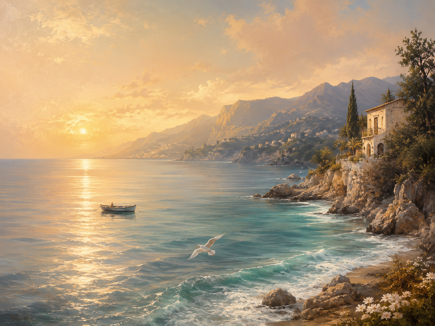 A Mediterranean coastline at sunset, with a lazy boat and a gull over the water